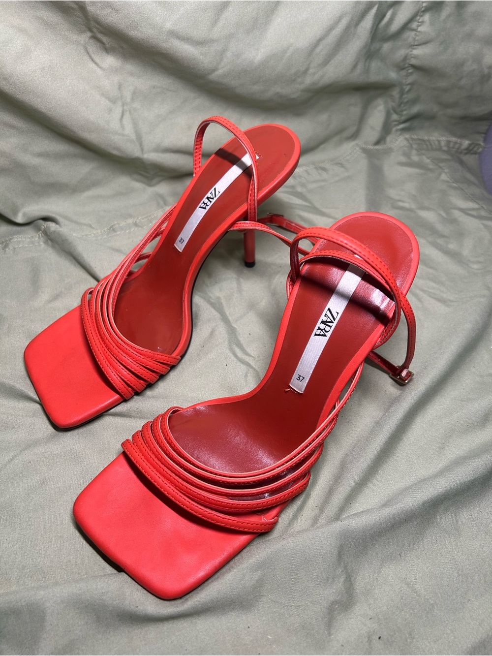 ZARA Women’s Orange/Red Strappy Square Toe Stiletto Heel Size EU37 / US 6.5-7